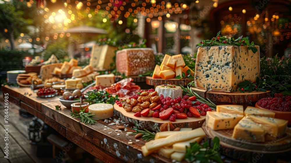   A wooden table bears various cheeses atop, some arranged directly, others on adjoining trays