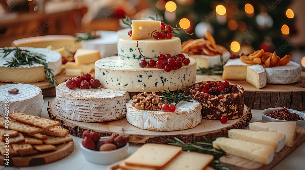   A table filled with an assortment of cheeses, crackers, and a Christmas tree in the background