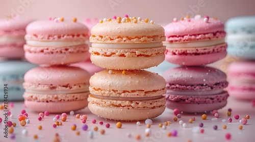  A stack of macaroons, each topped with pink frosting and sprinkles