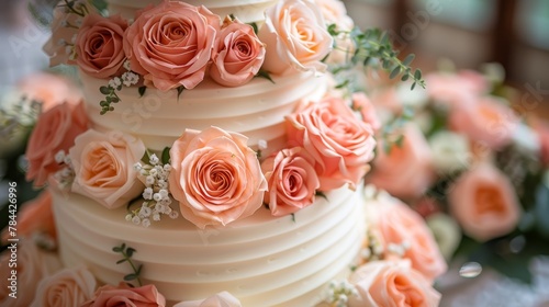   A tight shot of a three-tiered cake adorned with pink roses and verdant greenery atop