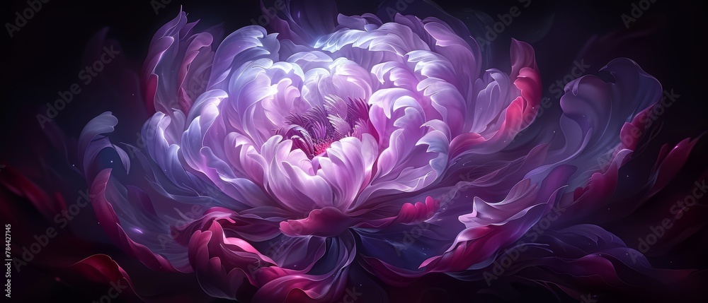   A large purple flower against a black backdrop, its petals – pink and white – radially arranged at the center