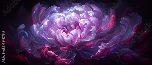  A large purple flower against a black backdrop, its petals – pink and white – radially arranged at the center