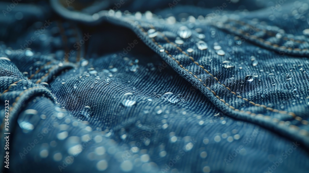   A tight shot of denim jeans, featuring water droplets at their hemline