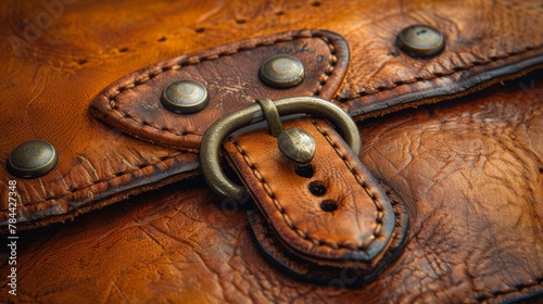  A tight shot of a brown leather bag Metal ring adorns its front Rivets line exterior