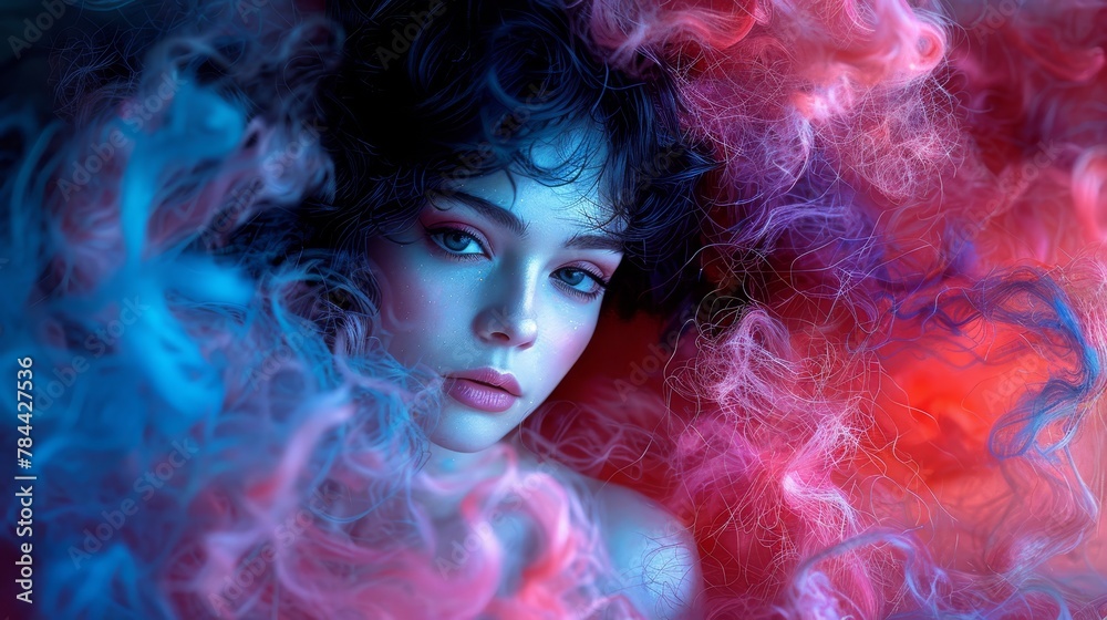  A woman with dark hair and blue eyes gazes into the camera, enveloped by swirling pink, blue, and red smoke