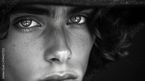   A monochrome image of a young man with freckles dotting his face and a hat shading his head © Jevjenijs