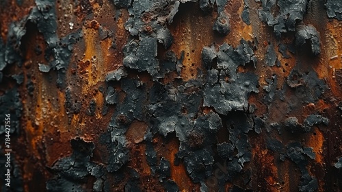  A tight shot of tree bark bearing an orange and black paint job, accented by rust patches