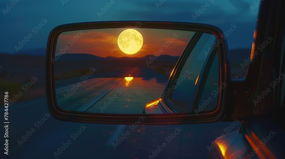 A unique perspective of a full moon reflected in a car's side view mirror A unique perspective of a full moon reflected in a car's side view mirror