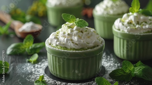  Three green dessert cups, each topped with whipped cream and mint sprinkles, sit against a contrasting black surface Mint sprinkles are also scattered around the area