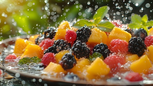   A tight shot of a fruit-laden plate on a table, adorned with water droplets Behind it, a verdant tree with green, leafy foliage