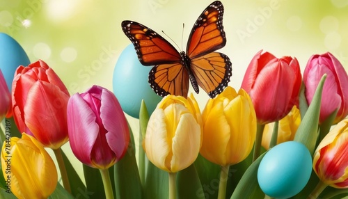 Easter background. Colorful spring tulips with butterflies and painted eggs