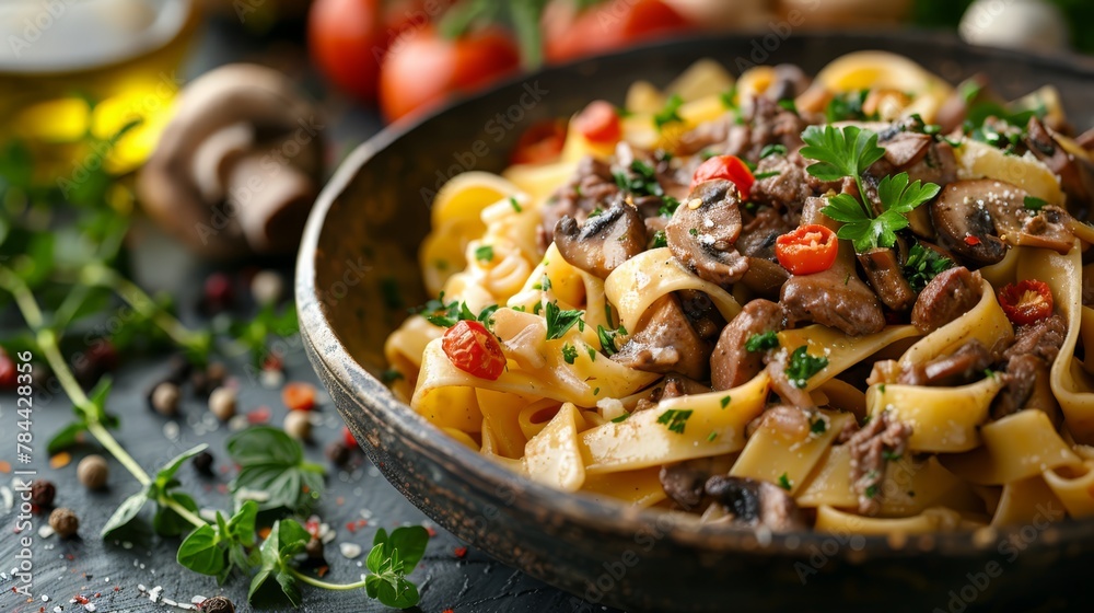   A table holds a pasta bowl filled with mushrooms, tomatoes, and parsley Nearby, a vegetable bundle waits