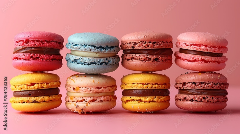   A collection of macaroons arranged in tiers against a pink backdrop