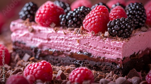  A tight shot of a cake, adorned with plump raspberries and delicate chocolate shavings atop