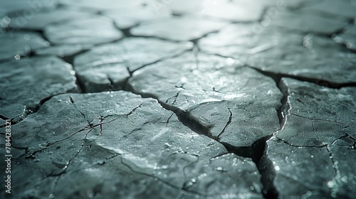   A tight shot of a fissured surface dotted with water droplets  sun illuminating the uncracked ground beneath