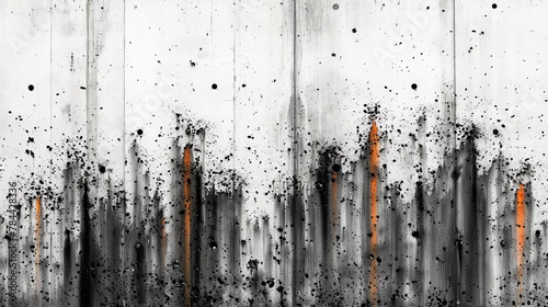  A black-and-white abstract painting with orange and black paint splatters adorning its side against a pristine white wall