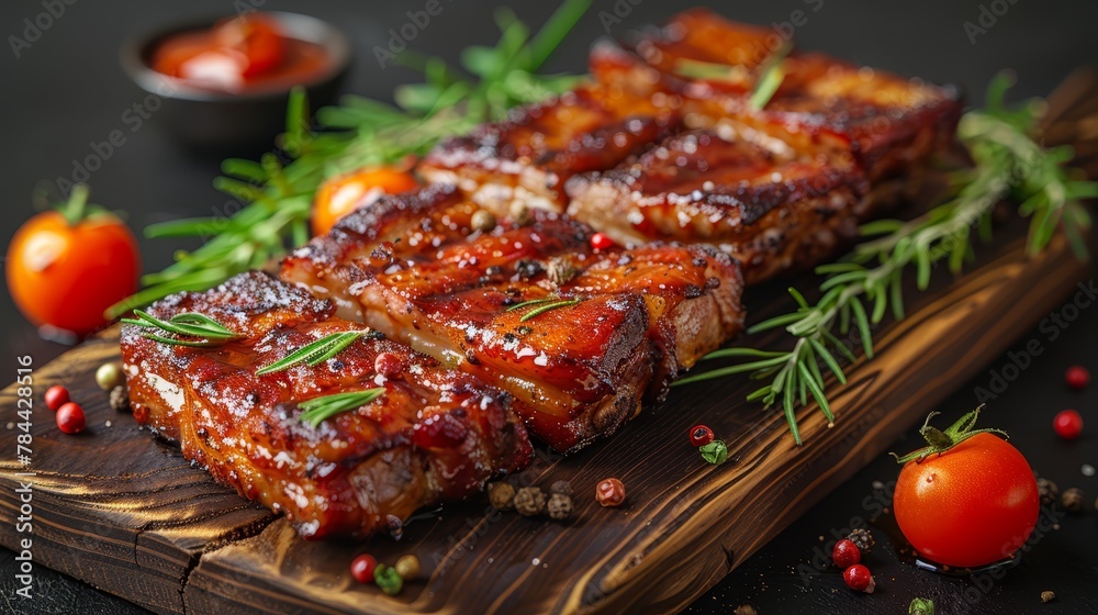   A wooden cutting board holds ribs, smothered in BBQ sauce, garnished with a sprig of rosemary