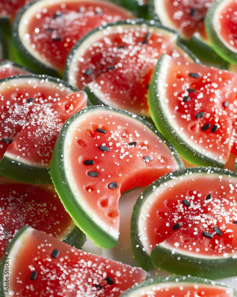 Closeup of red and green gummy watermelon slices, filled with sugar crystals and vibrant colors with detailed texture, in the background is a pile of candy in the colors of red, white and green Closeup of red and green gummy watermelon slices, filled with sugar crystals and vibrant colors with detailed texture, in the background is a pile of candy in the colors of red, white and green