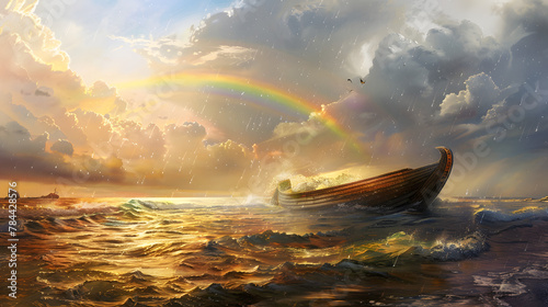 Arche Noah im Meer mit Regenbogen © john