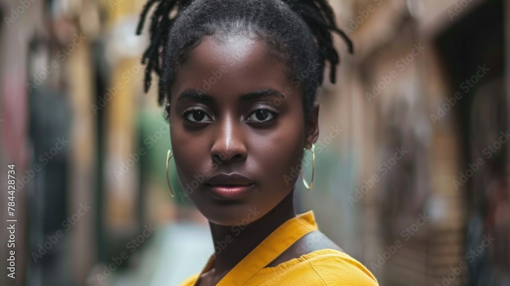 A woman with dreadlocks standing in an urban alleyway A woman with dreadlocks standing in an urban alleyway