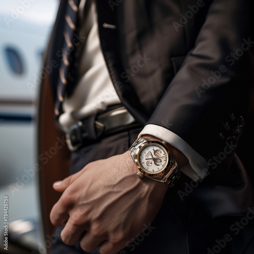 Business man con orologio e dietro un jet privato in areoporto