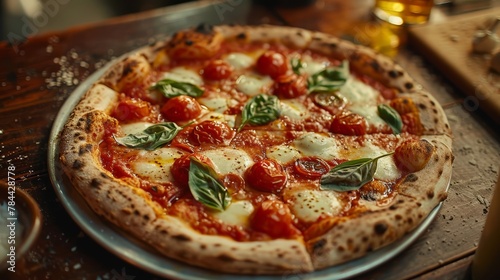  A pizza topped with tomatoes, mozzarella, and basil rests on a metal pan Nearby, a wooden table holds a chilled glass of beer