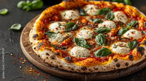  A pizza featuring Mozzarella, basil, and Mozzarella cheese is artfully arranged on a weathered wooden board against a black surface
