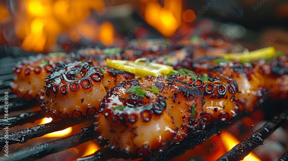   A tight shot of food on a grill One side features a sizzling dish, while the other is garnished with a sliced lemon