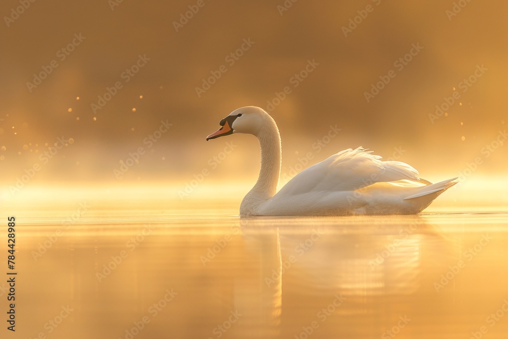 A white swan gracefully floats on the calm lake surface A white swan gracefully floats on the calm lake surface
