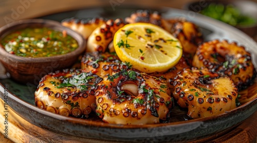  octopus rings arranged closely, small bowl of dipping sauce nearby