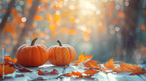 A vibrant fall background featuring orange pumpkins and leaves on a light surface  capturing the essence of the season.