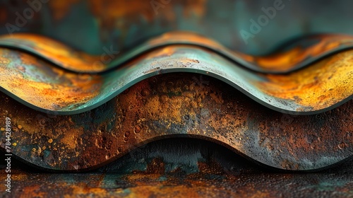  A tight shot of a weathered metal rooftop, displaying a wave-like pattern at its edge