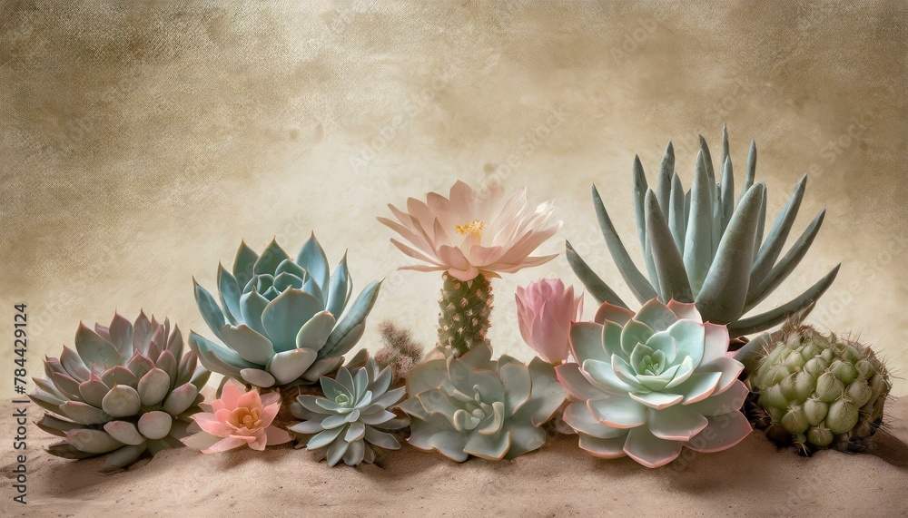 Succulents and cacti in bloom with their unique flowers, set against a sandy, textured background that highlights the stark beauty of desert flora