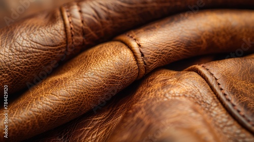   A tight shot of a brown leather seat with visible stitching on its back, along with an additional row of stitching atop the backrest photo
