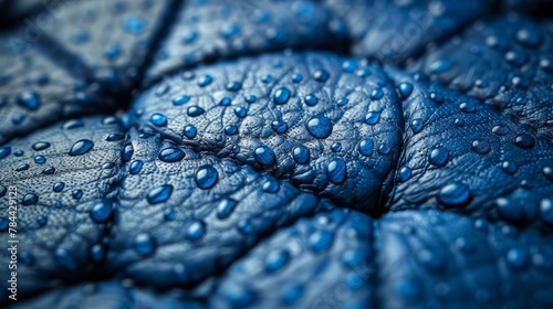  Close-up of a blue leaf with water drops on its surface against a black backdrop