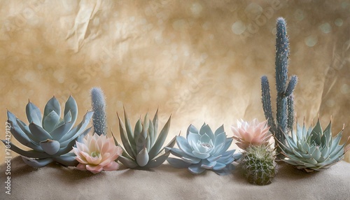 Succulents and cacti in bloom with their unique flowers, set against a sandy, textured background that highlights the stark beauty of desert flora