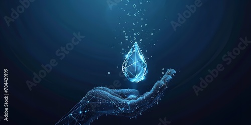 In a dark backdrop an abstract wireframe hand holding a drop of water with space with a big space for text or product advertisement, Generative AI.