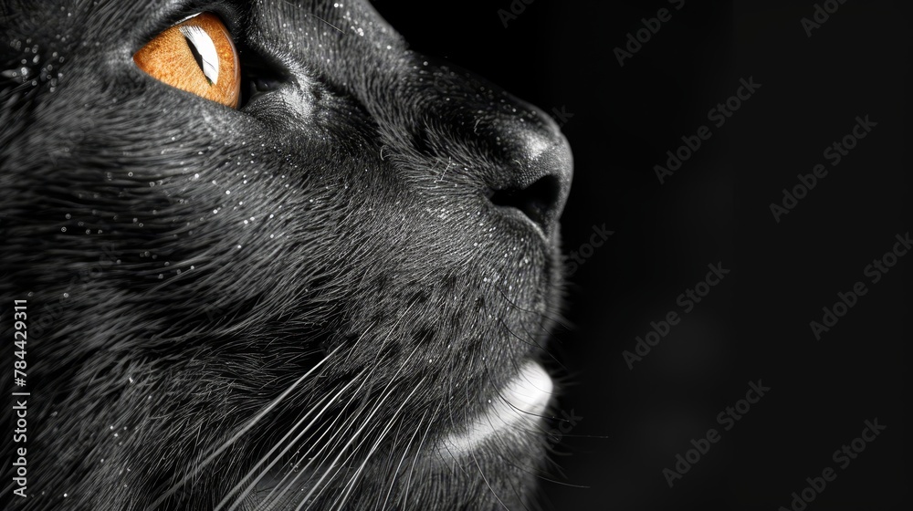   A tight shot of a black cat's face displays an orange and white marking on one eye