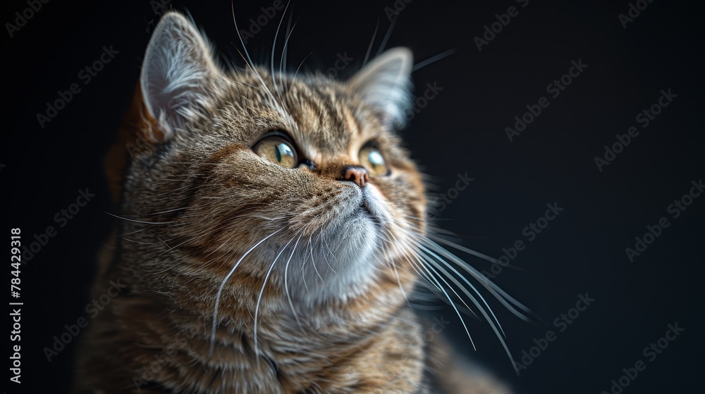   A tight shot of a feline's face, its eyes expressively wide and gazing intently into the distance