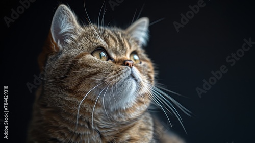   A tight shot of a feline's face, its eyes expressively wide and gazing intently into the distance