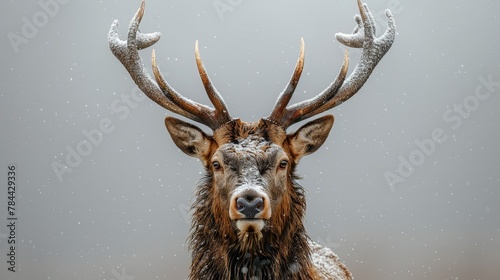  A tight shot of a deer with snow atop its head and antlers adorned with frost