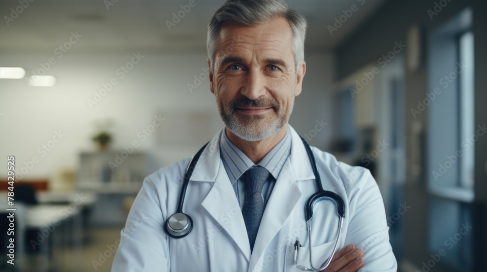 A man with a stethoscope standing in a room A man with a stethoscope standing in a room