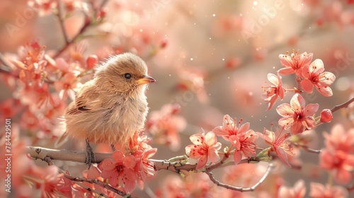  A small bird perched on a tree branch, surrounded by pink flowers in the foreground Background softly blurred