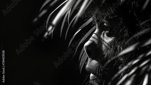   A man's face is concealed by palm fronds in this black-and-white image