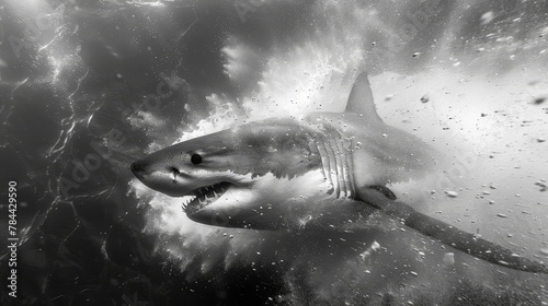   A black-and-white image of a shark with an open mouth and its head breaking the water s surface