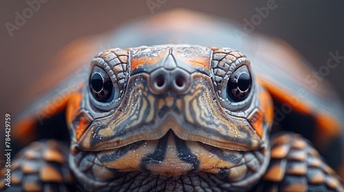  A tight shot of a turtle's face against a softly blurred backdrop of its head © Jevjenijs