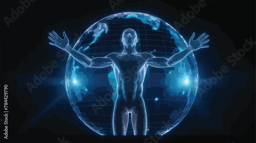 Human hold Earth in Wireframe Hologram Style. Nice