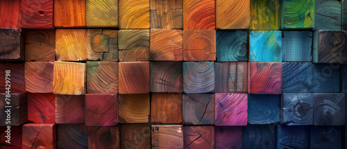 Vibrant abstract geometric 3D wooden cubes textured wall background with rainbow colors, perfect for banners and wallpapers.