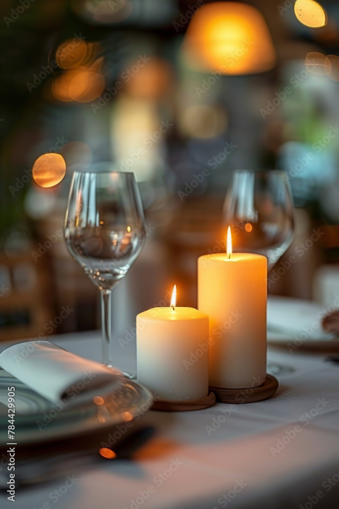 Romantic and elegant table setting in a restaurant with selective focus on candles, creating a warm and intimate ambiance for a romantic dinner experience. Romantic and elegant table setting in a restaurant with selective focus on candles, creating a warm and intimate ambiance for a romantic dinner experience.