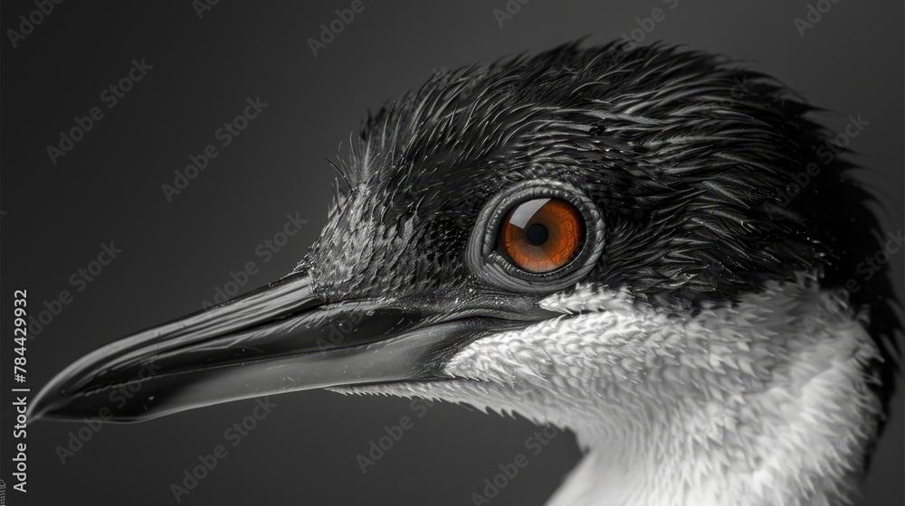 Naklejka premium Close-up of a bird's head against a black-and-white backdrop, with a red, expressive eye